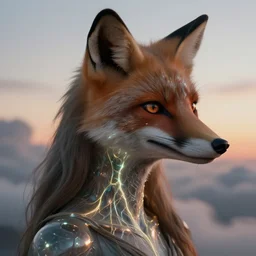 biblical shy beautiful female druid android with a fox head, heavy eyes to the side, closeup, bright glowing veins, in clouds, sunset, portrait, by gerald brom, by mikhail vrubel, by peter elson, muted colors, extreme detail, reflections, trending on artstation, 8 k