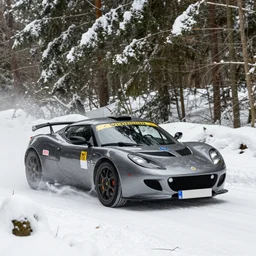 a 2 0 0 9 lotus evora, racing through a rally stage in a snowy forest