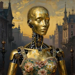 brass semi - mechanical woman, headshot portrait, floral art novuea dress, art by moebius, j. c. leyendecker, john bauer, in steampunk cityscape designed by victor horta, golden hour, dark shadows, robotic prosthetic limbs