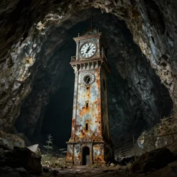 an abandoned old rusty clocktower in a dark enormous cave, Low level, digital artdynamic lighting, cinematic, establishing shot, extremely high detail, photo realistic, cinematic lighting, watercolor, intricate line drawings, 8k resolution,