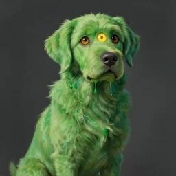 hyperrealist, studio ghibli painting of a solitary alien green labrador retriever with shaggy green fur and green dye opening its third eye, cyclops dog, three eyes, middle eye is glowing yellow, third eye in the middle of the head