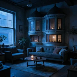A cozy old victorian loft, cold blue cinematic and atmospheric lighting, very coherent, highly detailed