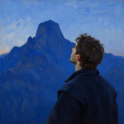 zarathustra look up at the magic mountain, before dawn, oil painting, abbott handerson thayer, blue palette