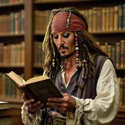 jack sparrow reading a book in the library