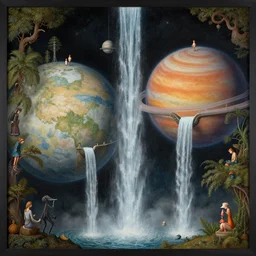 beguiling epic stunning beautiful insanely detailed matte painting of two planets connected by waterfalls designed by heironymous bosch, by cyril rolando and asher durand and natalie shau, whimsical, intricate