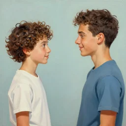 a profile painting of a typical millennial and a typical gen z at 2 1 years old, in the style of an original beeple digital art painting, two panel, the millennial is on the right side of the painting