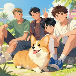 beautiful anime painting illustration of hiphop solarpunk summertime teen chilling with corgi!!, by dao le trong, craig mullins, craig davison, dean cornwell, donato giancola, dorina costras. trending on artstation, 8 k, masterpiece, graffiti paint, fine detail, full of color, intricate detail, golden ratio illustration, face enhance!!