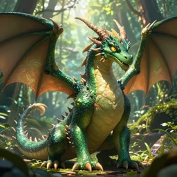 handsome anime dragon in amazon rainforest, dnd character, background focus, shape focus