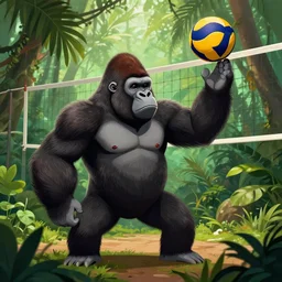 a gorilla holding a volleyball and playing volleyball in a jungle, volleyball net, digital illustration, in the style of greg rutkowski, high detail