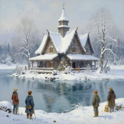A beautiful matte painting of a wintery fantasy inn by the lake by Alphonse Mucha, Clyde Caldwell,Brothers Hildebrandt, thomas kincade, trending on artstation