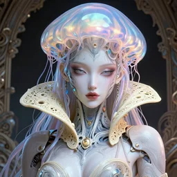 closeup portrait of an absurdly beautiful, graceful, sophisticated, fashionable cyberpunk mechanoid gravure idol, an ultrafine hyperdetailed illustration by irakli nadar, matt wisniewski style, fashion photography, intricate linework, porcelain skin, iridescent jellyfish headdress, fractal ivory carved ruff, unreal engine 5 highly rendered, global illumination, radiant light, detailed and intricate environment