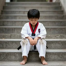 photo of sad lone asian kid wearing dirty taekwondo uniform sitting on stairs outside gym, centered, realistic