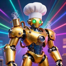 portrait photo of a huge golden and blue metal steampunk robot wearing a big chef hat, with steaming pots and pans and tubes, eyes are green lights, shiny crisp finish, 3 d render, 8 k, insaneley detailed, fluorescent colors, background is multicolored lasershow