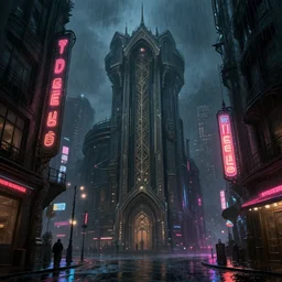 a dark side street in a brutalist looking city, neon lights, lens flare, scale, night life, heavy rain, deep focus, d & d, sci - fi, intricate, elegant, highly detailed, digital painting, artstation, concept art, matte, sharp focus, illustration, art by artgerm and greg rutkowski and alphonse mucha