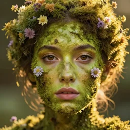 beautiful portrait of a woman\'s face, her skin made of moss, flowers growing from her head, golden sunlight, extremely detailed, hyperrealistic, photo by annie leibovitz, masterpiece, award-winning