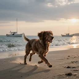 springer spaniel running along a beach, quiet with a few boats in the background, peaceful, epic lighting, evening sunlight, cinematic, volumetric lighting digital art by greg rutkowski, roberto ferri, jeremy lipking, trending on art station, 8 k, highly detailed, hyper realistic, photorealistic