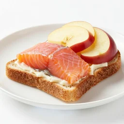 hot slices of bread filled with freshly - caught salmon and red apple, 8 k resolution, food photography, studio lighting, sharp focus, hyper - detailed