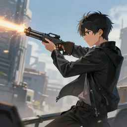anime young guy in black jacket pointing a railgun at a building, wlop, concept art, digital painting, trending on artstation, highly detailed, epic composition, 8 k uhd