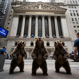 bears screaming on the floor of the NYSE as the markets rally to all-time-highs, high definition color photograph