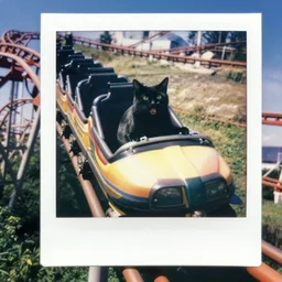 black cat on a rollercoaster. happy. sunlight. polaroid photo. bright colors.