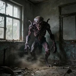 mutant hunchback creature lurking in the corner of a room in an abandoned building, dirty windows, debris, tentacle beast, dust, bleak apocalyptic style, creepypasta, ominous vibe, sharp fangs