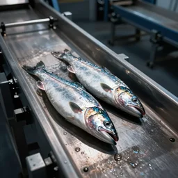 fish on an industrial conveyor belt cod haddock photorealistic