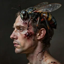 ultra realistic photo profile portrait view of a man's head mutating into an insect, gross, horror, annie liebovitz