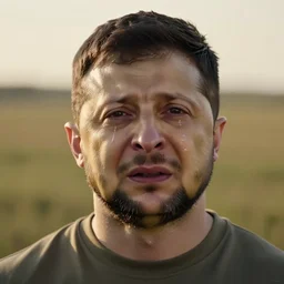 a highly detailed cinematic headshot portrait photograph of a crying president zelensky stood in a field, zelensky is crying big yellow and big blue tears, golden hour, ultra realistic, depth, beautiful lighting, by annie leibovitz, hasselblad, 1 0 0 mm, bokeh, photorealistic, hyperrealistic, octane, masterpiece