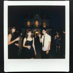 haunted house party, surreal, polaroid, color