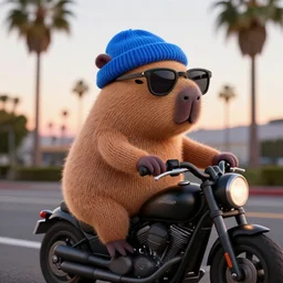 a photorealistic photograph of a knitted cute Capybara wearing sunglasses and dressed in a blue beanie cap. The subject is also riding a black motorcycle through Hollywood at dusk. Palm trees in the background. This 4K HD image is Trending on Artstation, featured on Behance, well-rendered, extra crisp, features intricate detail and the style of Unreal Engine.