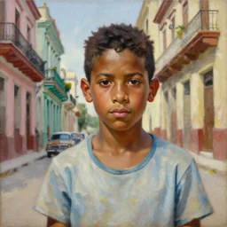 portrait of a handsome cuban boy in old havana, painting by bob byerly and manuel sanjulian, oil on canvas, hyperrealism