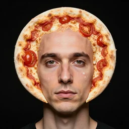portrait of man with a rare deformational condition making the head flat and circular like a pizza, head looks exactly like a pizza, doughy skin with white pores, blemishes look like tomatoes, soft lighting, sharp focus, highly symmetrical, black background, masterpiece by paola agosti