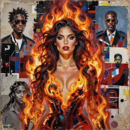 acrylic painting of a woman in fire fashion, mixed media collage by basquiat and jackson pollock, chemically damaged citrasolv collage art