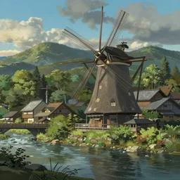 concept art painting of a historic mill with european and japanese architecture, by a river, in a woodland village surrounded by trees and mountains, realistic, detailed, cel shaded, in the style of makoto shinkai and greg rutkowski and james gurney