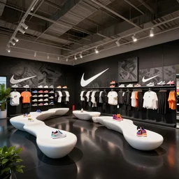 large nike boutique flagship retail. black walls with black artwork. black glossy floors. contrasting white sensual flowing furniture with colorful shoes and varied clothes. low ceilings with rails and spots. plants. muted colors. architectural photography, 8 k, realistic lighting, reflections, bloom, hyperdetailed environment, pbr materials.