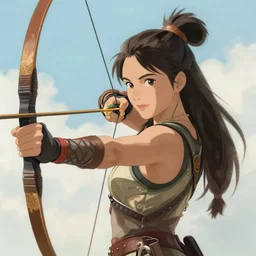 Character portrait of an Amazon warrior drawing her bow, fantasy, beautiful face, highly detailed, cel shading, digital painting, anime key visual, Disney and Kyoto Animation, by Makoto Shinkai and Hayao Miyazaki, by Ilya Kuvshinov and Krenz Cushart