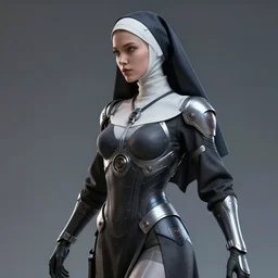 hyper realistic portrait of a beautiful female character with futuristic and ultra detailed nun suit, dinamic pose, medium shot, half profile face. art by frederic arsenault and guillaume mahieu and brad rigney. 3 d, trending on artstation, intrincate hiperdetailed, 8 k, vray, octane render, cinematic lighting