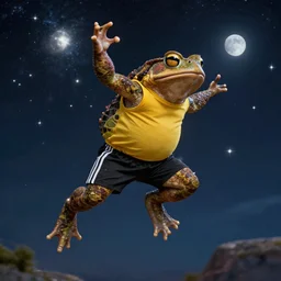 an toad! with muscular body jumps to the sky to become one with the stars, wearing yellow sleeveless shirt and black sport shorts, cosmos, moon, by mucha and caspar david friedrich, atmospheric lighting, intricate detail, cgsociety, hyperrealistic, octane render, rpg portrait, ambient light, dynamic lighting
