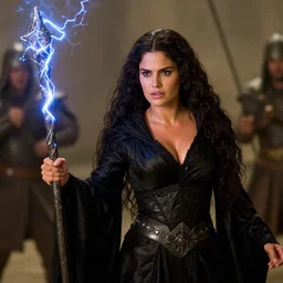 epic photo of salma hayek as beautiful medieval sorceress with very long black hair wearing a black satin robe and metal belt, battle scene, holding her wizard staff electricity emanating from it, sweaty, in the film excalibur 1 9 8 1, movie still, cinematography by david fincher