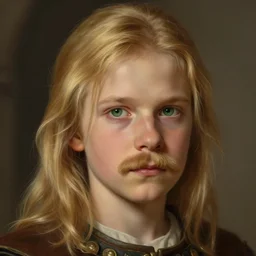 portrait of a 3 5 - year - old human male noble with long blonde hair and a mustache, green eyes, medieval setting, detailed face, highly detailed, digital painting, artstation, concept art, sharp focus, illustration, by greg rutkowski and craig mullins