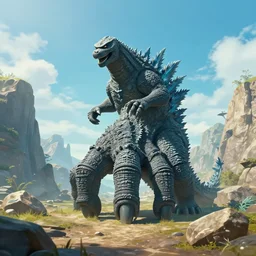 Godzilla !!hand!! in a valley reaching out of the sky trying to touch the ground, matte painting, fantasy art