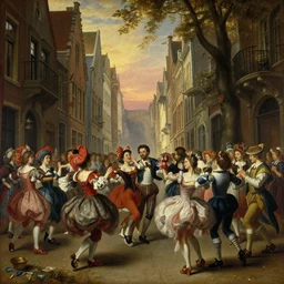 ! dream crowd of pulcinellas dancing in groups in a magnificent narrow giant renaissance street with stunning evening dusk sunlight dappled light and god rays, old dutch era master painting by hsiao - ron cheng, miho hirano, john singer sargent, seabastiano serlio