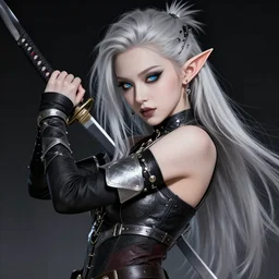 grimes as an elven warrior with elf ears, silver hair, beautiful anime, masterpiece by shikinami asuka langley, incredible beauty, charismatic, trending on artstation, digital art, japanese anime art, incredible detail, pop star grimes, elf ears, katana