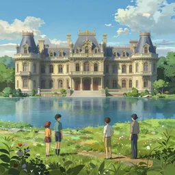 an ornate victorian palace, big lake, scene in an open field. 1 8 9 0, key visual, conceptart, ambient lighting, highly detailed, digital painting, artstation, concept art, sharp focus, by makoto shinkai and akihiko yoshida and greg manchess