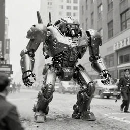 old black and white photo, 1 9 1 3, depicting a dieselpunk giant robot monster rampaging through the bustling streets of new york city, historical record