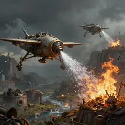 steampunk drones putting out a fire with water, digital art, matte painting, artstation, concept art