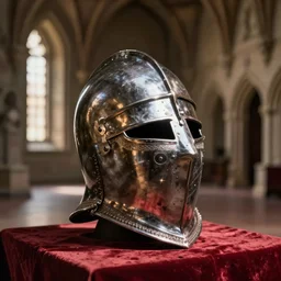 macro shot of a medieval helmet sitting on a table in the hall of a great castle
