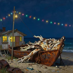 painting by dean cornwell, ilya repin, nc wyeth painting, ultra wide, vanishing point, 3 d perspective, beached, dead giant, award winning, up close, climbing, beaching, rust, midnight, junk town, lanterns, makeshift house, colorful lightbulb festoon lights, telephone pole