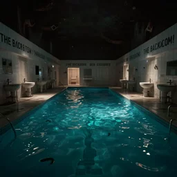 dreamlike low quality photograph of an infinite indoor pools with white bathroom titles on the walls, very dark lighting, dark horror lighting, liminal space, octane render, the backrooms, the poolrooms