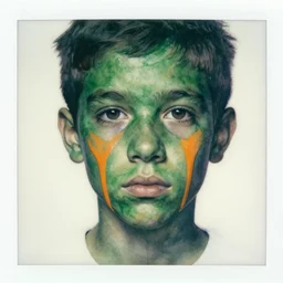 watercolor, a liquid dark green portrait of a teenager face skin melt down flow go runny, blurry eyes, face painted with orange thick fluid by marlene dumas, realistic detailed watercolor polaroid, grainy image, contrast, realistic detailed, close up view